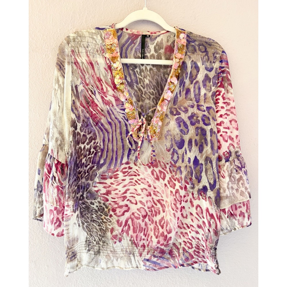Kay Celine Small Pink‎ Purple Animal Print Sequin Blouse Fairy Y2K Mob Wife